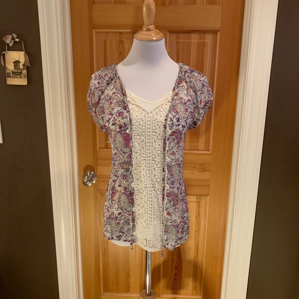 Lace trimmed printed top with camisole.